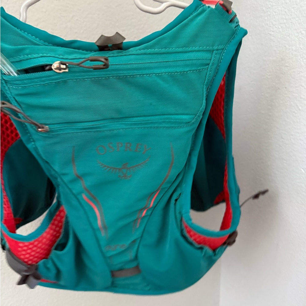 Osprey Turquoise and Crimson Backpack running Dyna 1.5